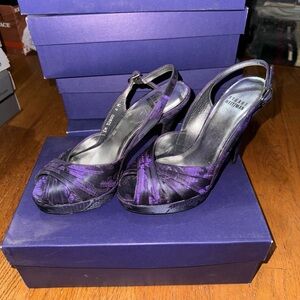 Stuart weitzman black purple floral peep toe platform heel 5.5 NWT